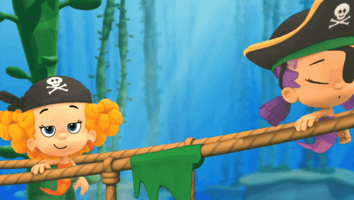 Two Cartoon Characters Wearing Pirate Hats With Skulls And Crossbones GIF
