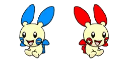 two cartoon characters with blue and red ears are standing next to each other on a white background