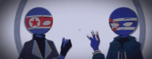 Two Cartoon Characters With Flags Waving At Each Other GIF