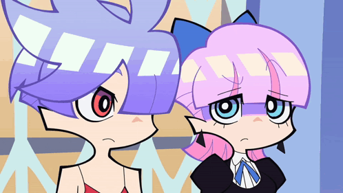 Two Cartoon Characters With Purple Hair And Pink Hair GIF