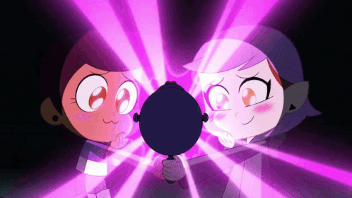 Two Cartoon Characters With Purple Lights Behind