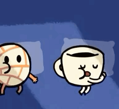 Two Cartoon Characters With Volleyball And Coffee On Bed GIF
