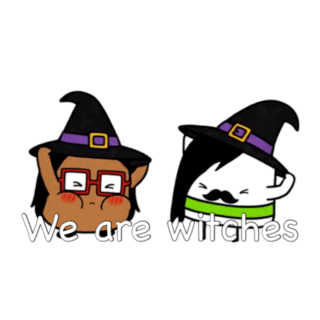 Two Cartoon Characters With Witch Hats Saying We Are Witches