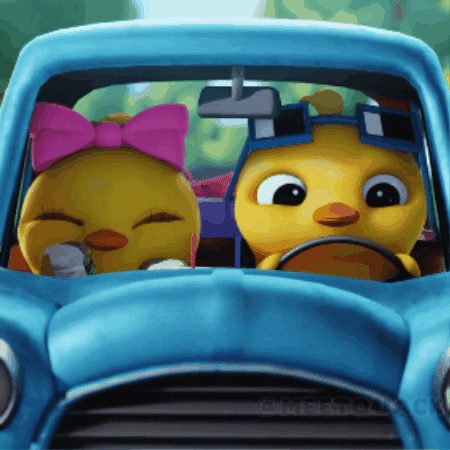 Two Cartoon Chickens Are Driving A Blue Car And One Has A Pink Bow On Her Head GIF
