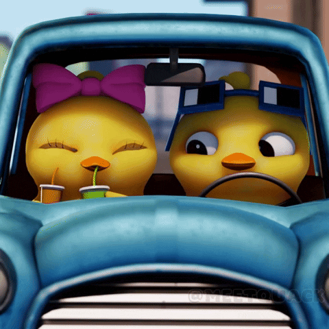 Two Cartoon Chickens in Blue Car One With Pink Bow