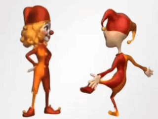 Two Cartoon Clowns Are Dancing Together On A White Surface GIF