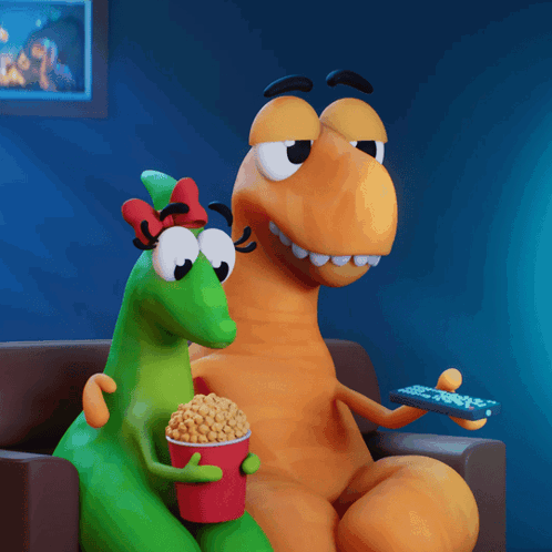 Two Cartoon Dinosaurs Eating Popcorn Watching TV