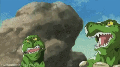 Two Cartoon Dinosaurs Standing Next to Each Other in Front of Rock