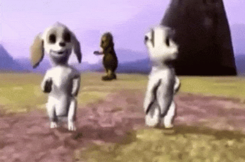 Two Cartoon Dogs Are Dancing In A Field With A Purple Background . GIF