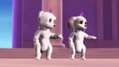Two Cartoon Dogs Are Dancing In Front Of A Building . GIF