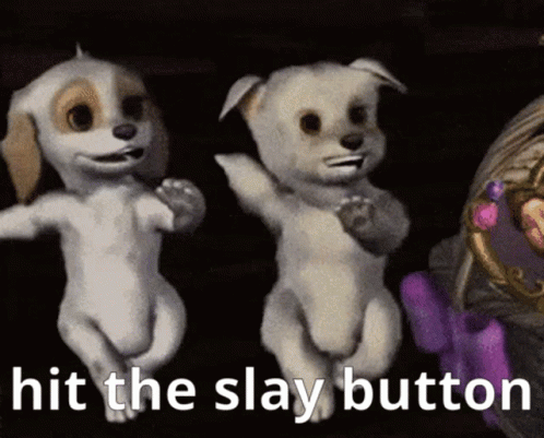 Two Cartoon Dogs Are Dancing With The Words Hit The Slay Button Below Them . GIF