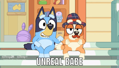 Two Cartoon Dogs Are Sitting Next To Each Other And The Words Unreal Babe Are On The Bottom GIF