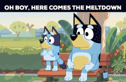 Two Cartoon Dogs Are Sitting On A Bench With The Words Oh Boy Here Comes The Meltdown GIF