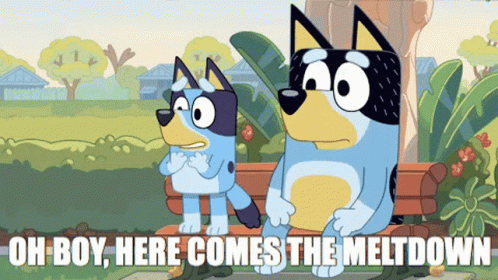 Two Cartoon Dogs Are Sitting On A Bench With The Words Oh Boy Here Comes The Meltdown GIF