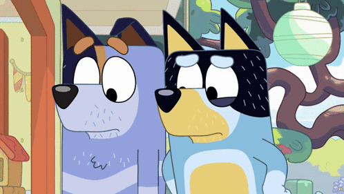 Two Cartoon Dogs Are Standing Next To Each Other GIF