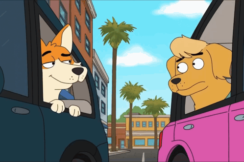 Two Cartoon Dogs Looking Out Car Window