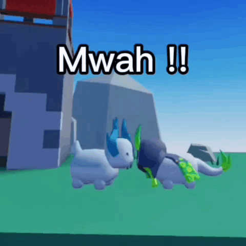 Two Cartoon Dogs With Horns Are Standing Next To Each Other With The Words Mwah !! Written Above Them GIF