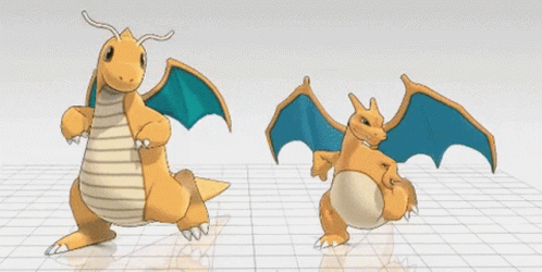 Two Cartoon Dragons Standing Next To Each Other On A White Surface . GIF