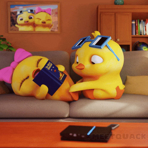 Two Cartoon Ducks Are Sitting On A Couch And One Is Reading A Book Called Duck Quack GIF