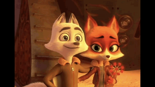 Two Cartoon Foxes Are Standing Next To Each Other And One Is Holding A Flower GIF