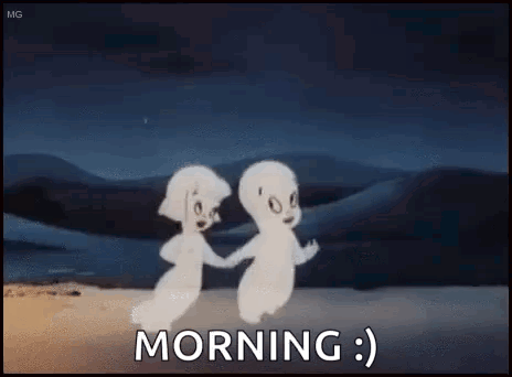 Two Cartoon Ghosts Are Holding Hands And Dancing In The Desert With The Words `` Morning '' . GIF
