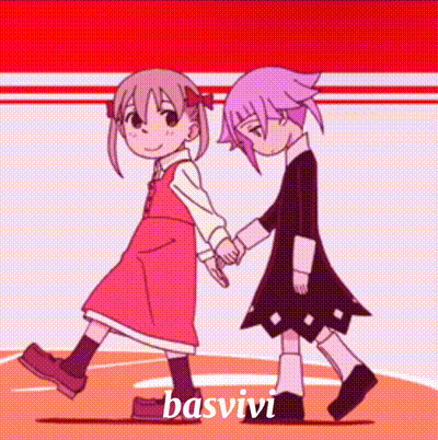 Two Cartoon Girls Are Holding Hands And Walking On A Red And White Background . GIF