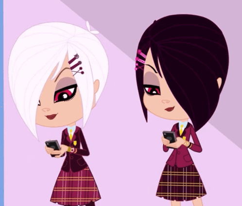 Two Cartoon Girls Are Standing Next To Each Other And Looking At Their Cell Phones GIF