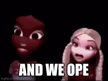 Two Cartoon Girls Are Standing Next To Each Other In A Dark Room With The Words `` And We Ope '' . GIF