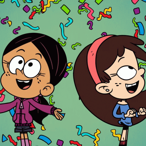 Two Cartoon Girls Are Standing Next To Each Other With Confetti Flying Around Them GIF
