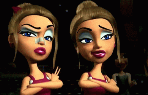 Two Cartoon Girls Are Standing Next To Each Other With Their Arms Crossed And One Has A Needle In Her Nose GIF