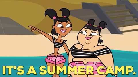 Two Cartoon Girls On A Beach With The Words It 'S A Summer Camp GIF