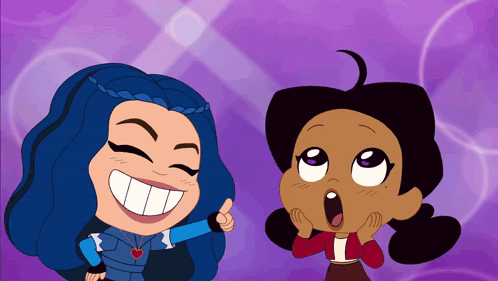 Two Cartoon Girls Standing Next to Each Other With One Pointing