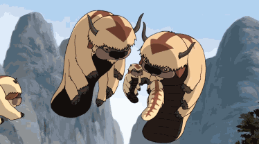 Two Cartoon Horned Animals on Mountain