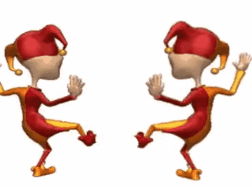 Two Cartoon Jesters Are Dancing Together With Their Arms Outstretched GIF