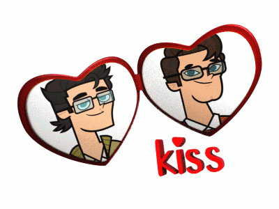 Two Cartoon Men in Heart Frames With Kiss in Red