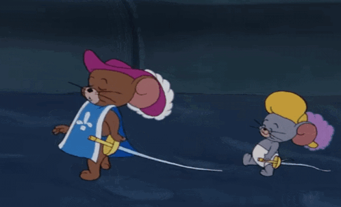 Two Cartoon Mice Carrying Swords Are Walking In A Dark Room GIF