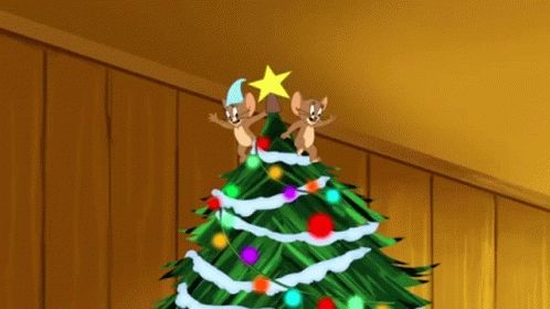 Two Cartoon Mice Stand On Top Of A Christmas Tree GIF