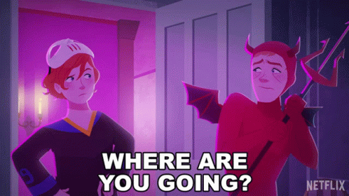 Two Cartoon People Standing Where Are You Going