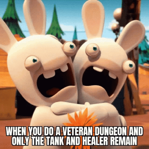 Two Cartoon Rabbits Are Hugging Each Other With A Caption That Says When You Do A Veteran Dungeon GIF