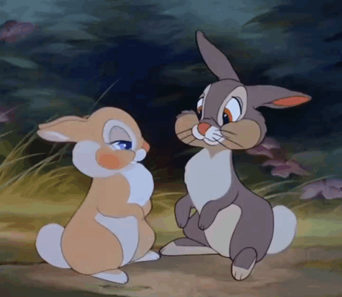 Two Cartoon Rabbits Are Looking At Each Other In A Field GIF