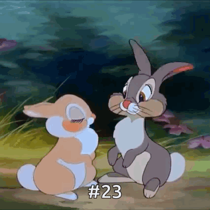 Two Cartoon Rabbits Are Standing Next To Each Other In A Field With The Number 23 On The Bottom . GIF