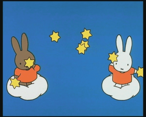 Two Cartoon Rabbits Sitting on Clouds Holding Stars