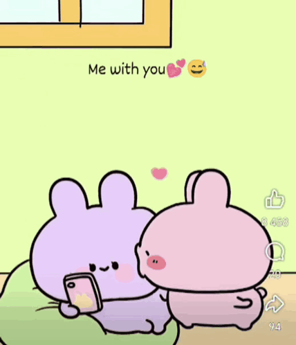 Two Cartoon Rabbits Sitting, One Holding Cell Phone GIF