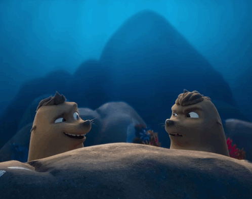 Two Cartoon Seals Are Looking At Each Other In The Water GIF