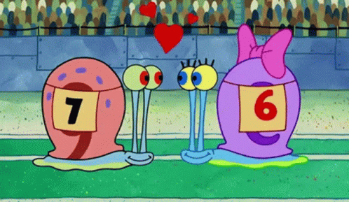 Two Cartoon Snails Wearing Numbers 7 And 6 Are Standing Next To Each Other GIF