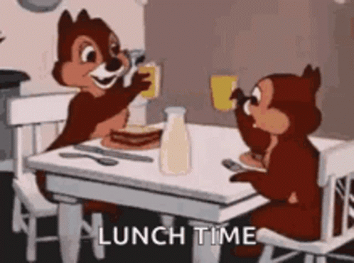Two Cartoon Squirrels Are Sitting At A Table With A Bottle Of Milk And A Sandwich . GIF