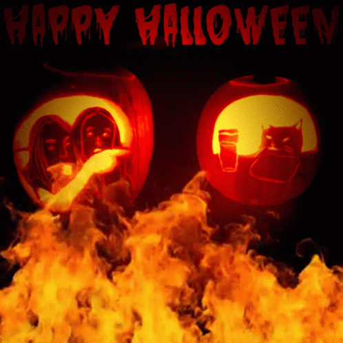 Two Carved Pumpkins Surrounded by Fire Saying Happy Halloween