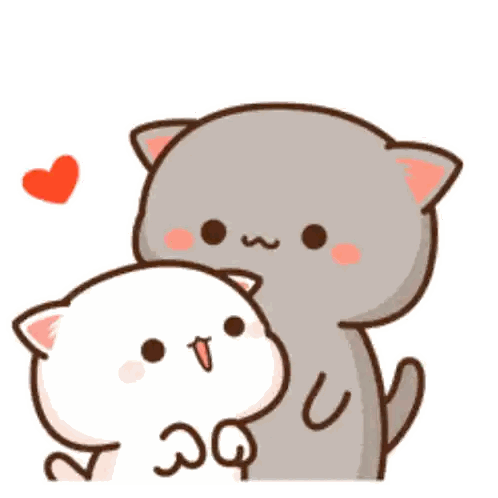 two cats are hugging each other with a heart in the background .
