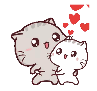two cats are hugging each other with hearts coming out of their heads