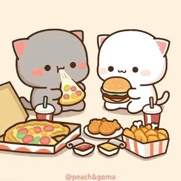 Two Cats Are Sitting At A Table Eating Pizza And Chicken Nuggets . GIF